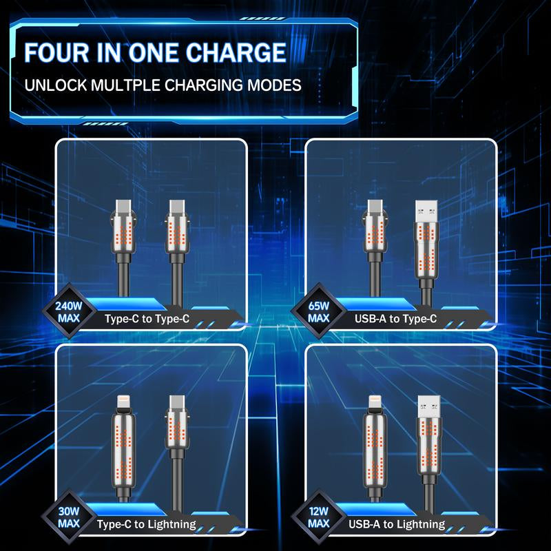 240W 4-In-1 USB-C Cable, Fast Charging, Data Sync, USB-A, Type-C, Lightning, Aluminum, Compatible with Iphone 16/15, Ipad, Samsung, Laptops