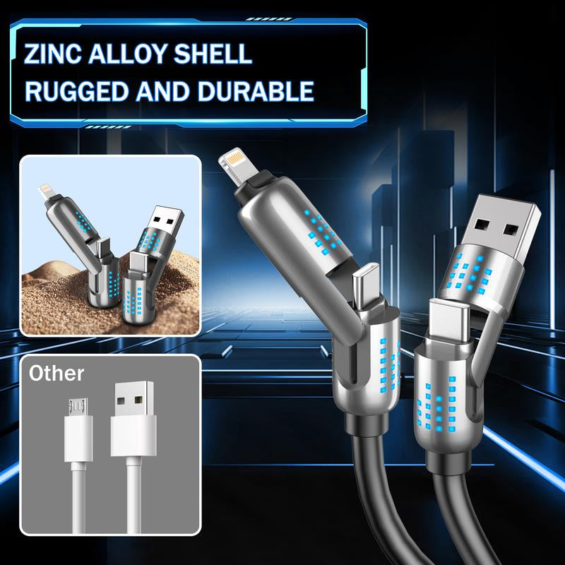 240W 4-In-1 USB-C Cable, Fast Charging, Data Sync, USB-A, Type-C, Lightning, Aluminum, Compatible with Iphone 16/15, Ipad, Samsung, Laptops